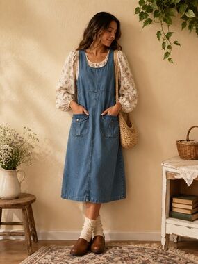 Vintage Blue J. Denim Pinafore Overall Junper Dress - Small